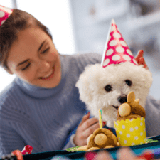 White Terrier dog with red polka dot hat and a small yellow cake with lady in blue